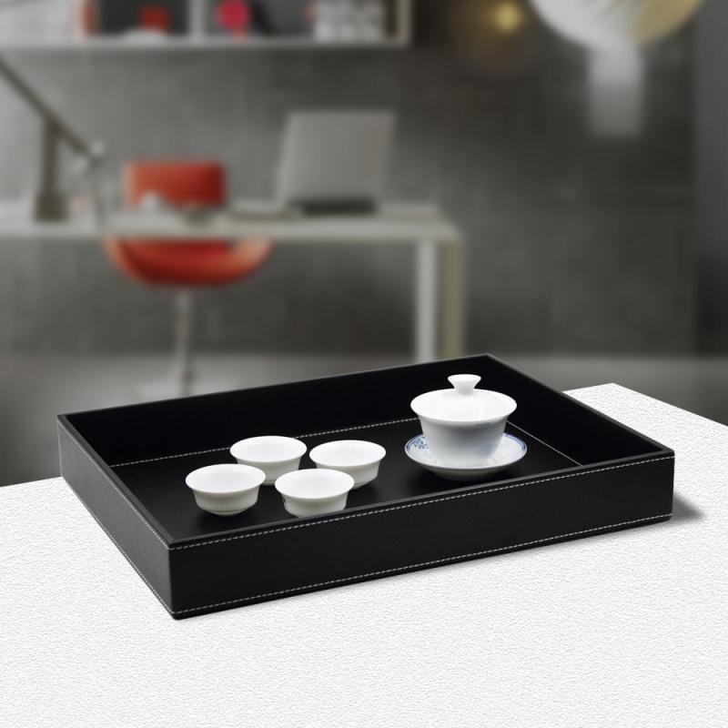 トレイ レザー 合皮 長方形 お盆 小物入れ おしゃれ ヨーロピアン モダン シンプル 収納 整理 耐汚 お手入れ簡単 ビジネス ホテル デスク オフィス 家庭用 来客 おもてなし ティーカップ グラス ブラック