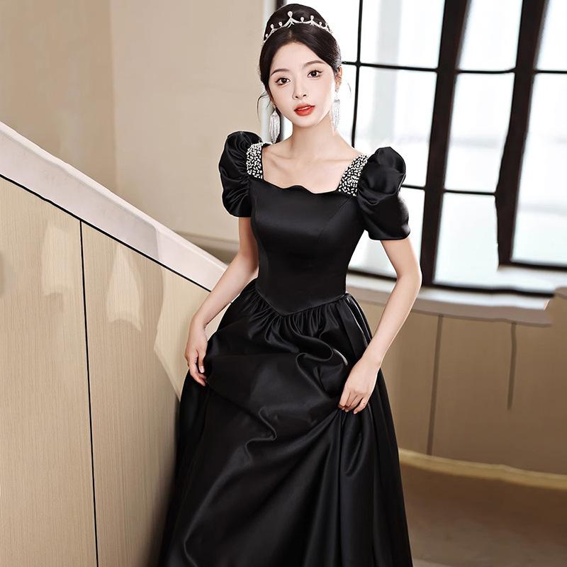 樂天商城 - ドレス レディース 黒 春夏 シフォン サテン風 高級感 結婚式 披露宴 パーティー ワンピース フォーマル エレガント 大人 華やか Uネック 五分袖 Aライン ハイウエスト プリーツ 上品 マキシ丈 無地 フレア
