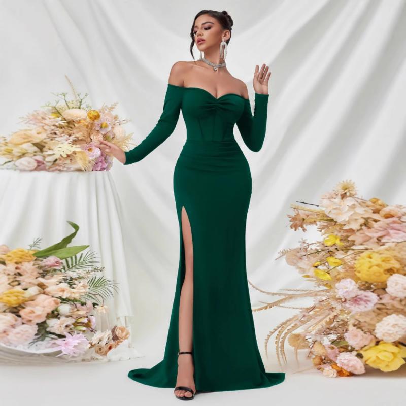 礼服 レディース ロングドレス マキシ丈 ワンピース 結婚式 二次会 演奏会 オフショルダー 長袖 背中あき スリット ハイウエスト タイト セクシー エレガント 高級感 ポリエステル ブラック ワインレッド ネイビー