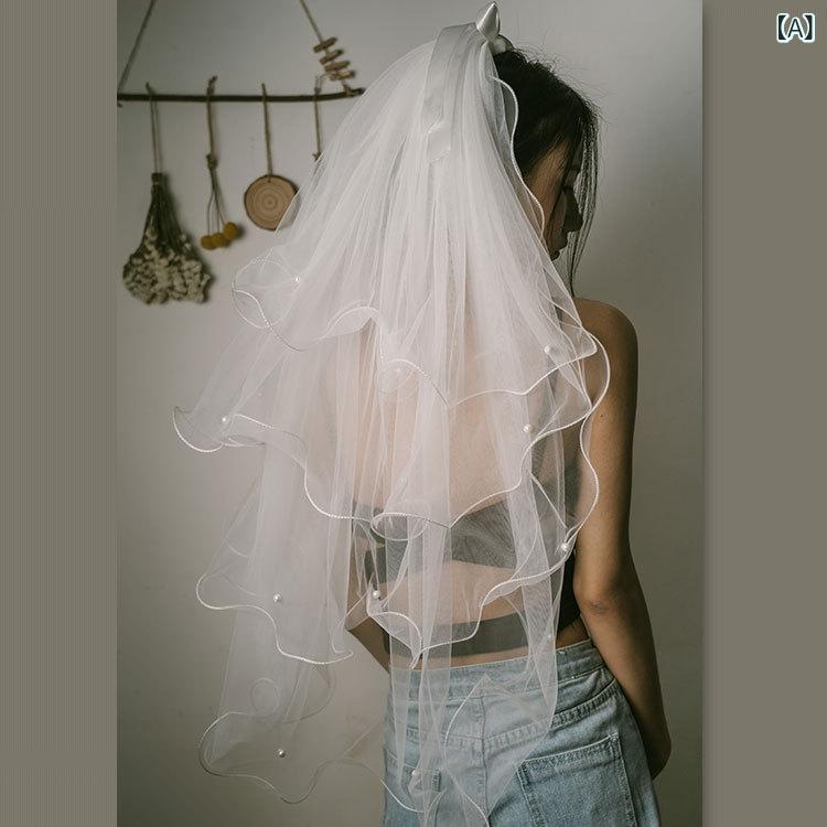 ウエディングベール レディース ショート 4層 リボン チュール コーム 髪飾り ヘッドドレス ブライダルアクセサリー ふんわり 華やか レトロ シンプル 結婚式 挙式 二次会 ホワイト フェミニン 花嫁小物 清楚 かわいい 上品