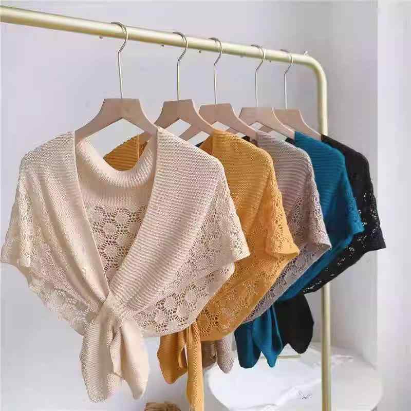 ショール レディース ケープ 肩掛け 春夏 薄手 ニット 冷房対策 オフィス 普段使い 着回し チャイナドレス 付け襟 ラウンドカット 紫外線対策 無地 上品 きれいめ カジュアル ポリエステル ベージュ キャメル ブラック