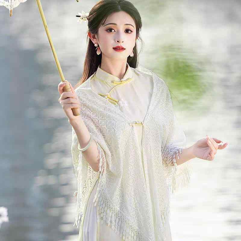 ショール レディース 春夏 アイボリー ライトアプリコット チャイナドレス用 ストール 羽織り カーディガン 大判 フリンジ 透かし編み クロシェ レトロ 民族風 結婚式 パーティー 冷房対策 UVカット 上品 高級感