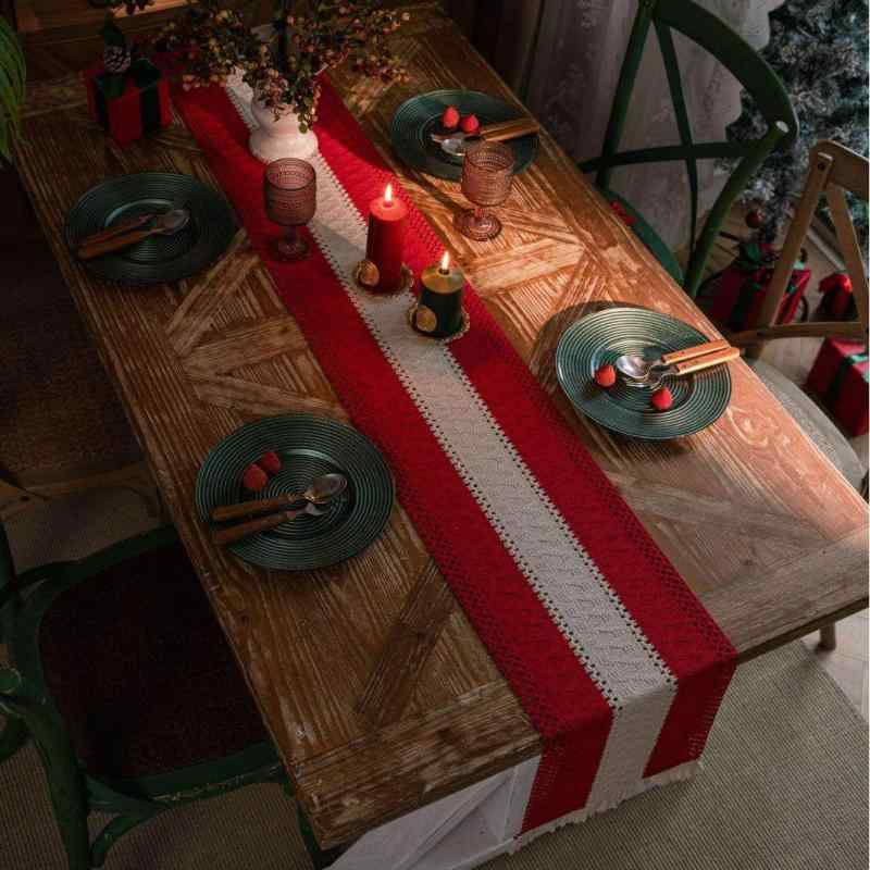 おしゃれ テーブルランナー クリスマス お正月 新年 赤 緑 アメリカン 長方形 マット ダイニング 装飾 華やか 祝祭 混紡生地 フリンジ パーティー