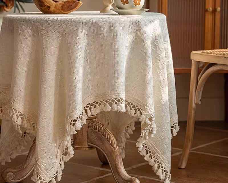 テーブルクロス おしゃれ 綿麻 ポリエステル シンプル フレンチ レトロ 民宿 ダイニング 円卓 スクエア 防熱 誕生日 ヨーロピアン アイボリー タッセル
