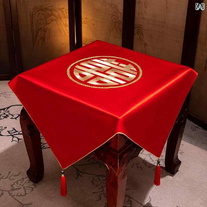 テーブルクロス おしゃれ 結婚式 慶事 お祝い 食卓 カバー 正方形 赤 刺繡 モダン チャイナ風 防水 混紡 ファブリック ドラゴン タッセル 柔らかい