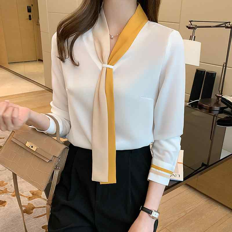 ブラウス レディース シフォン トップス 長袖 シャツ Vネック 無地 秋冬 通勤 普段使い オフィス きれいめ 上品 事務服 スリム タイト リボン プルオーバー 柔らかい 滑らか ホワイト ブルー ブラウン ポリエステル 伸縮性