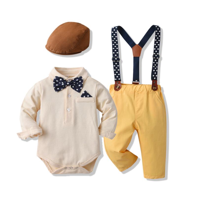 Suits, Tuxedos （Boys） - セットアップ 男の子 ベビー キッズ ロンパース カバーオール 長袖 上下セット 綿 高級感 誕生日 結婚式 お食い初め フォーマル セレモニー 礼服 幼児 蝶ネクタイ サスペンダー 韓国 春秋 黄 青 ボタン