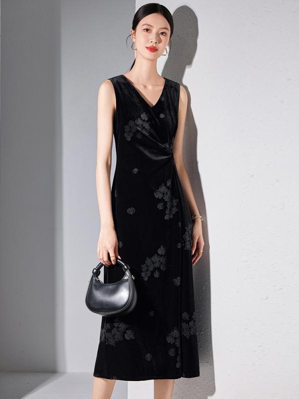 ワンピース レディース ベルベット ベロア ノースリーブ Vネック Aライン ミモレ丈 ロング ジャンパースカート インナー 切り替え プリーツ 上品 高級感 通勤 オフィス 普段使い ブラック 黒 秋冬 伸縮性 着痩せ