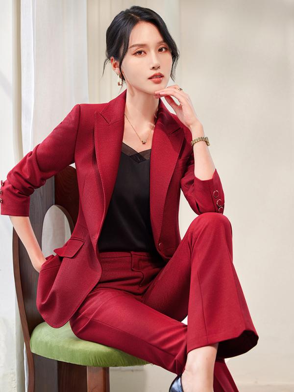 スーツ レディース セットアップ 秋冬 ダークレッド 上品 高級感 エレガント 着痩せ 細見え きれいめ フレアパンツ ロング丈 長袖 襟 フォーマル 無地 ポリエステル スリム Vネック 結婚式 パーティー セレモニー