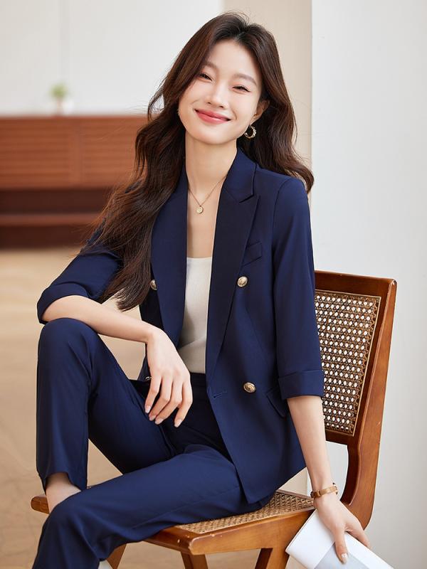 セットアップ レディース 春夏 半袖 テーラードジャケット 上品 きれいめ 高級感 ビジネス 通勤 オフィス 事務服 ネイビー ブラック ストレッチ ポリエステル 通気性 薄手 涼しい 9分丈 パンツスーツ フォーマル ボトムス