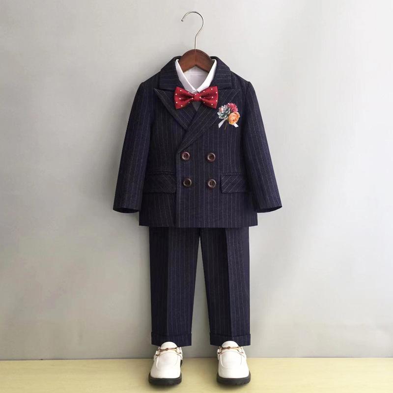 Top & Bottom Sets - スーツ 男の子 フォーマル セットアップ 英国風 結婚式 発表会 七五三 オールシーズン おしゃれ かっこいい 子供服 こども 男児 ジャケット ベスト パンツ シャツ 蝶ネクタイ 長袖 礼服 上下セット グレー ブルー クラシック