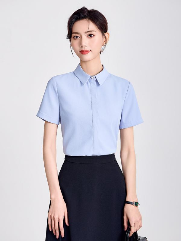 シャツ レディース ブラウス トップス セットアップ 事務服 オフィス 通勤 ビジネス 制服 半袖 春夏 ノンアイロン イージーケア 形態安定 形状記憶 ストレッチ 伸縮性 透けにくい 涼しい 接触冷感 清潔感 ブルー ホワイト