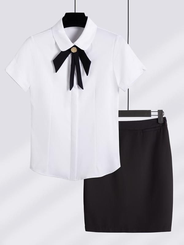 シャツ レディース セットアップ ブラウス スカート 春夏 通勤 オフィス 事務服 シンプル きれいめ おしゃれ エレガント 襟 半袖 切り替え バイカラー ストレッチ ポリエステル Aライン ボトムス 白 青 黒
