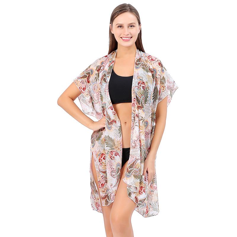 カーディガン レディース ショール シフォン 水着カバーアップ 羽織り リゾート 海 ビーチ 紫外線対策 UVカット ペイズリー柄 スリット 速乾 薄手 トップス ボヘミアン 春夏 ライトブルー ホワイト イエロー