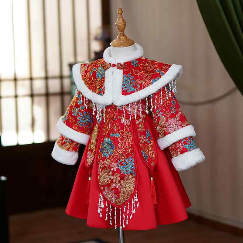 ワンピース 女の子 チャイナドレス 子供服 秋冬 唐装 民族衣装 漢服 長袖 中綿入り 厚手 裏起毛 お正月 七五三 発表会 華やか 刺繍 花柄 赤 シャンパン 上品 かわいい 高級感 ジュニア キッズ