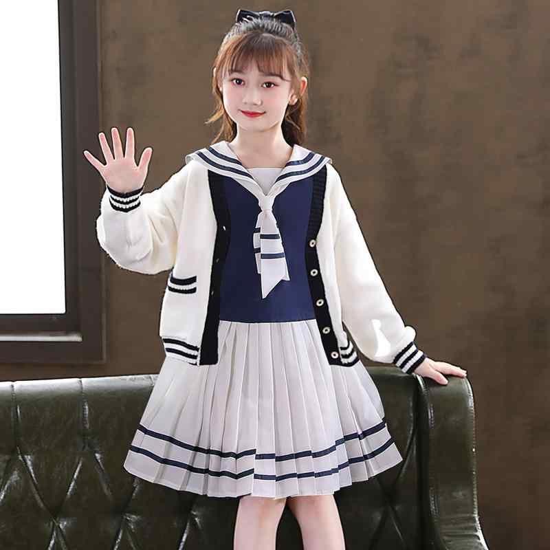 セットアップ 女の子 キッズ セーラーカラー 制服風 長袖 プルオーバー ニット プリーツスカート 上下 上品 かわいい 秋冬 通学 お出かけ 発表会 ポリエステル ホワイト ブルー アイボリー 韓国系 スクールライク