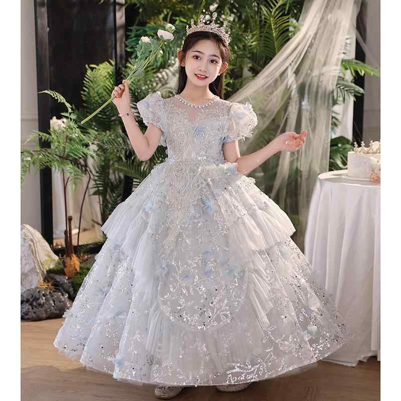 ドレス 女の子 キッズ 子供服 ワンピース フォーマル 発表会 結婚式 卒業式 ジュニア プリンセス チュール レース 高級感 かわいい 上品 清楚 ふんわり ブルー 春夏 秋冬 リボン 膝丈 ノースリーブ フレア ギャザー 裏地