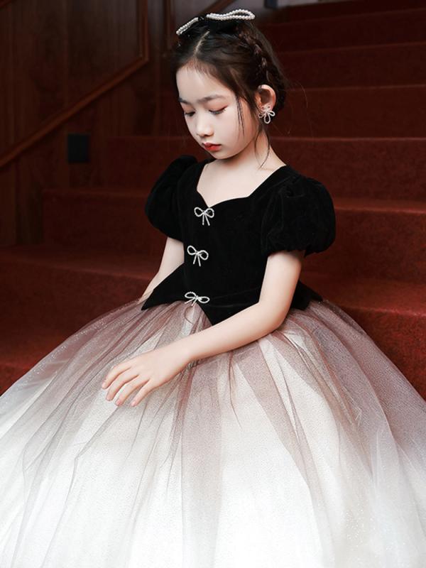 ドレス 女の子 キッズ 結婚式 発表会 ピアノ プリンセス チュール ワンピース フォーマル 膝丈 ボリューム 春夏 クラシック エレガント 高級感 アセテート かわいい ブラック フリル Aライン フレア ノースリーブ