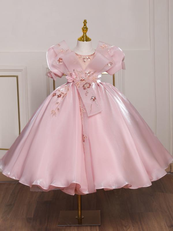 ドレス 女の子 ピアノ発表会 結婚式 パーティー プリンセス チュールスカート ふんわり かわいい ピンク フラワーガール フォーマル 膝丈 高級感 ジュニア キッズ ワンピース 上品 華やか ノースリーブ 衣装 光沢