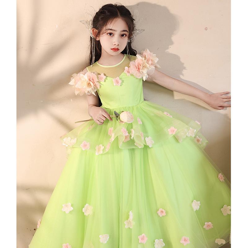 ドレス 女の子 子供服 キッズ フォーマル 発表会 演奏 結婚式 プリンセス フラワーガール 高級感 上品 グリーン 緑 春秋 チュール レース ピアノ ジュニア 衣装 かわいい エレガント ノースリーブ フリル