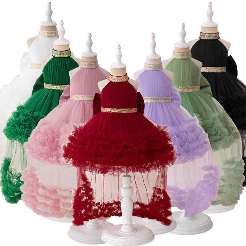 ドレス 女の子 ワンピース キッズ フォーマル 発表会 演奏会 結婚式 チュチュ ガールズ 子供服 チュール メッシュ プリーツ ノースリーブ ホルターネック プリンセス ロングトレーン 高級感 レース リボン フリル 綿混 裏地綿 ホワイト ブラック