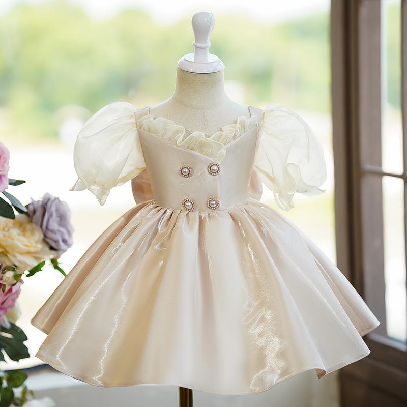ドレス キッズ 女の子 子供 フォーマルワンピース パーティードレス プリンセス 発表会 演奏会 結婚式 ピアノ 七五三 誕生日 記念撮影 シャンパン 高級感 ポリエステル チュール レース かわいい おしゃれ 上品 ふんわり 膝丈 ノースリーブ ステー