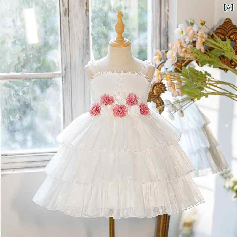 ドレス 女の子 ワンピース 発表会 結婚式 誕生日 フォーマル プリンセス お姫様 チュール ティアードスカート フリル かわいい ホワイト 白 ノースリーブ 洋風 キッズ ガールズ 子供服 綿混素材 ポリエステル 高級感 2