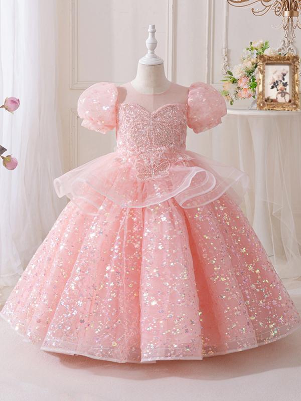 ドレス 女の子 キッズ 子供 プリンセスドレス ワンピース 高級感 発表会 演奏会 結婚式 ステージ衣装 ピアノ フォーマル チュール レース フリル 刺繍 リボン ギャザー Aライン ノースリーブ ロング丈 フレア ピンク ホワイト オールシーズン オールシーズン 綿