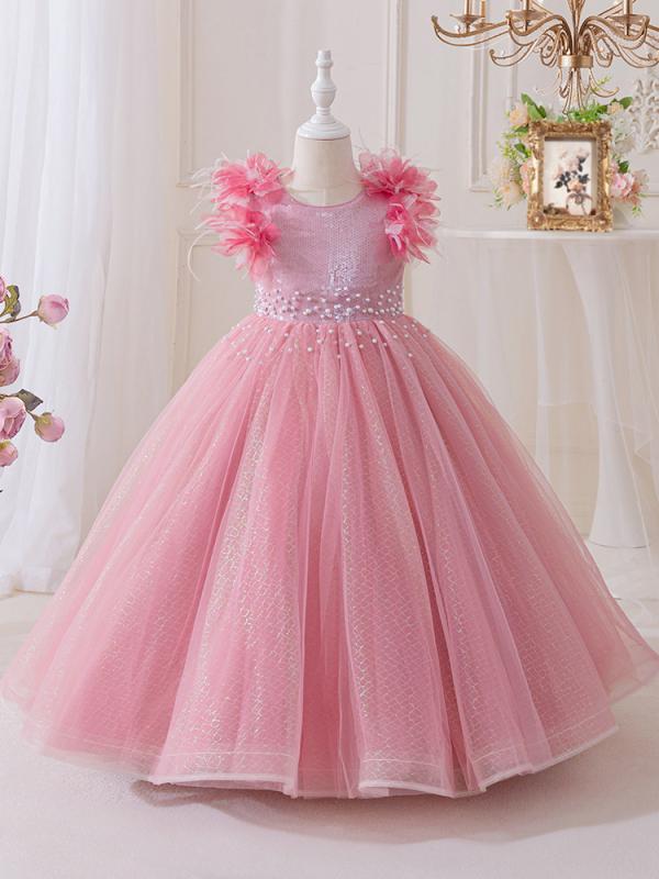 Rakuten - ドレス 女の子 キッズ 子供 ピアノ発表会 結婚式 誕生日 ワンピース フォーマル ビーズ チュール レース プリンセス 刺繍 ハイウエスト かわいい ピンク グリーン ホワイト 綿混 ポリエステル 高級感 華やか