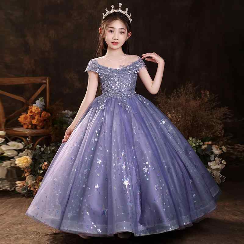 子供ドレス 女の子 キッズ フォーマル ワンピース 結婚式 発表会 ピアノ 高級感 かわいい プリンセス チュールスカート パープル 紫 ラベンダー ロング エレガント ふんわり リボン レース サテン ノースリーブ