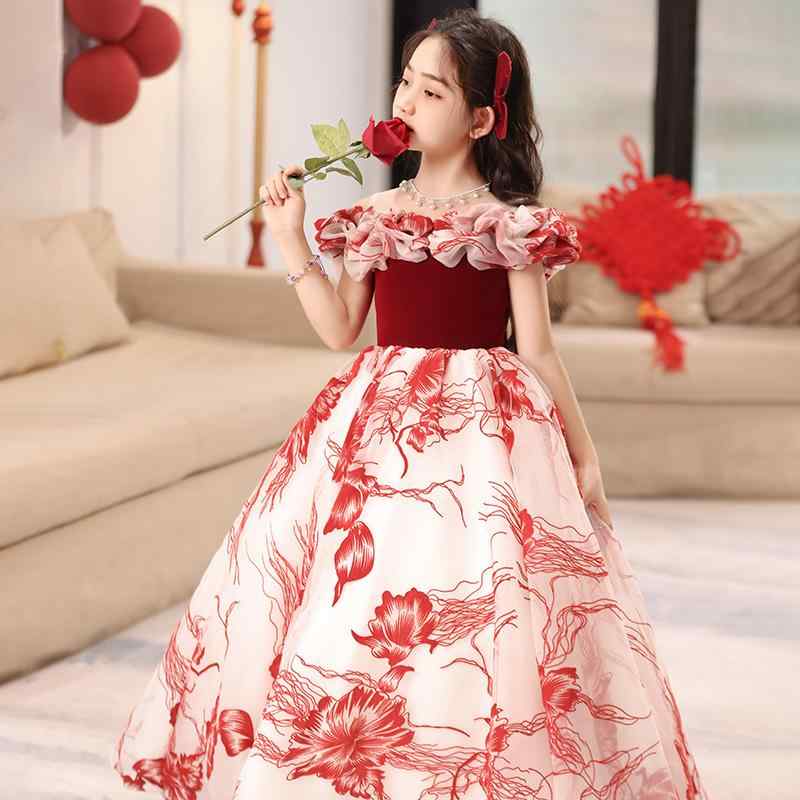 乐天商城 - ドレス 女の子 キッズ 子供 フォーマル ワンピース プリンセス 発表会 結婚式 誕生日 かわいい 上品 高級感 ポリエステル 赤 レッド 膝丈 Aライン ノースリーブ ジュニア ガールズ リボン フリル チュール 衣装 プリーツ 清楚 華やか フラワー