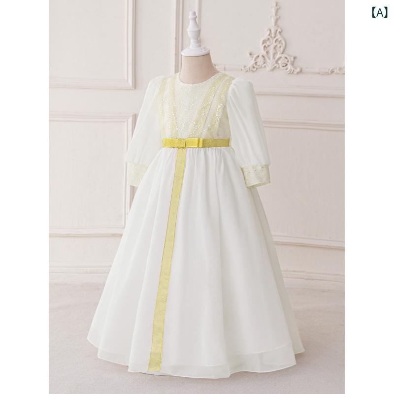 ドレス 女の子 キッズ ワンピース ロング プリンセス 発表会 結婚式 パーティー かわいい 切り替え レース 刺繍 花柄 リボン シフォン サテン コットン チュール メッシュ 白 長袖 裏地 エスニック オールシーズン 2