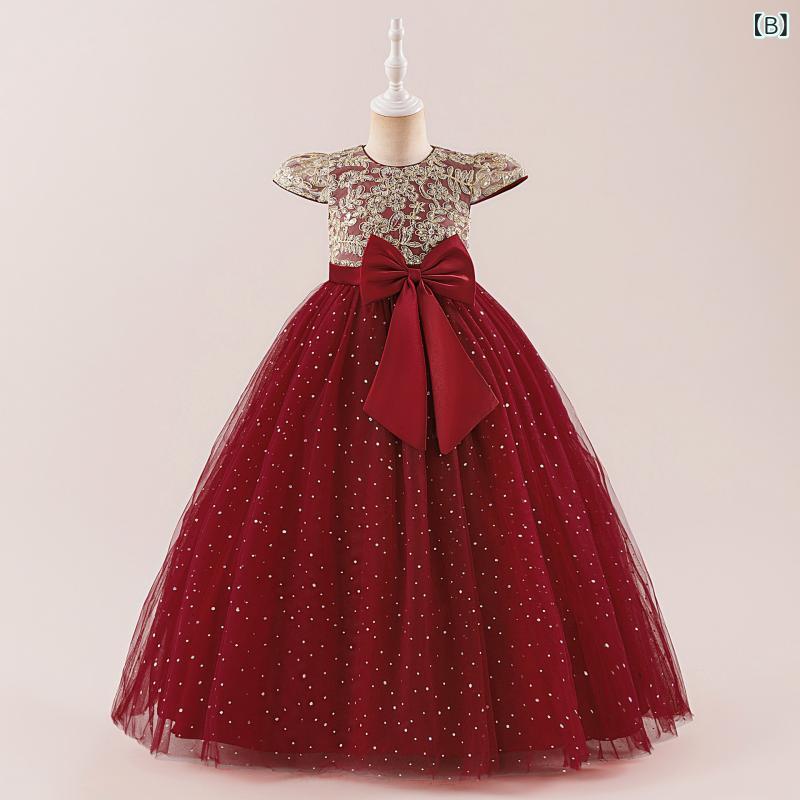 ドレス 女の子 キッズ ワンピース ロングドレス チュール リボン レース フリル 切り替え 綿混 コットン ポリエステル 結婚式 発表会 パーティー ピンク ワインレッド ネイビー 春夏 かわいい 上品 高級感 フォーマル