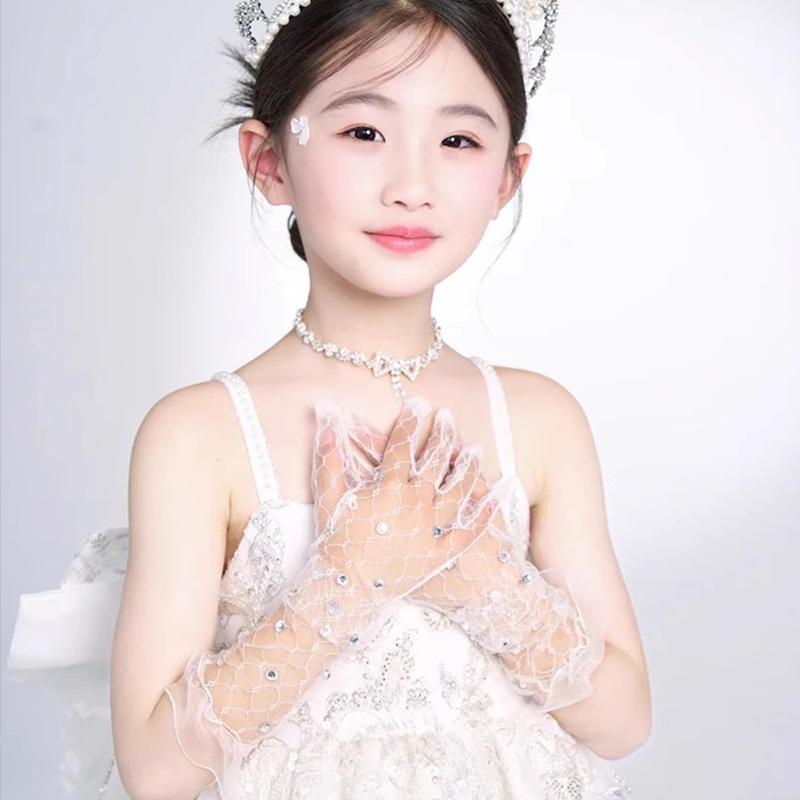 手袋 キッズ ガールズ グローブ レース 発表会 結婚式 撮影 ホワイト 白 ジルコニア ラインストーン フ..