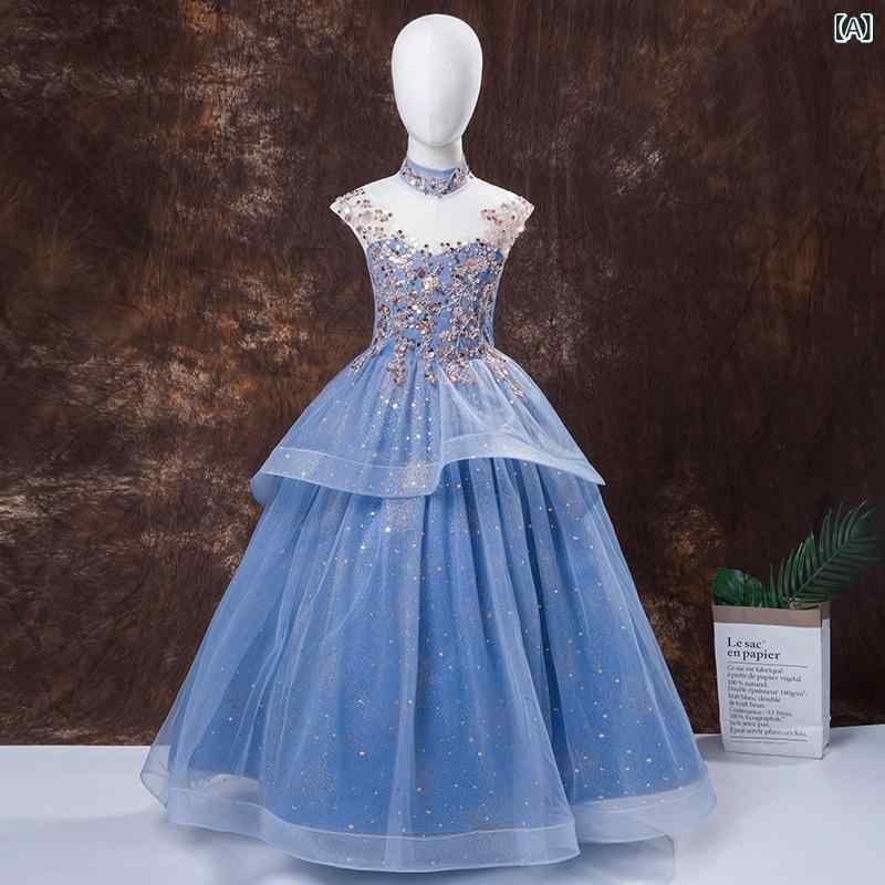 フロントップ楽天市場店のドレス キッズ 女の子 フォーマル ワンピース 子供服 発表会 結婚式 七五三 チュール プリンセス かわいい お姫様 ブルー ライトブルー 清楚 高級感 オールシーズン ふんわり 膝丈 リボン 華やか 長袖 ノースリーブ ジュニア｜アングル2