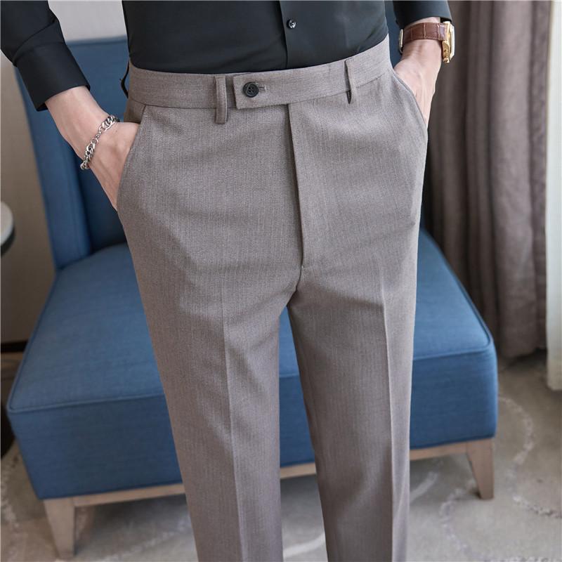 スラックス メンズ 男性用 ズボン パンツ ボトムス テーパード ストライプ 縞模様 ビジネス 通勤 カジュアル 高級感 スリム タイト 細身 春秋 伸縮性 ストレッチ 形態安定 シワになりにくい ブラック コーヒー ブルー ポリエステル