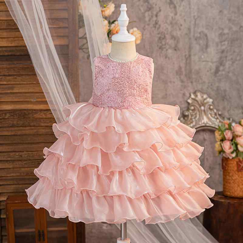 乐天商城 - ドレス ワンピース 女の子 キッズ 子供 発表会 結婚式 セレモニー 白 ピンク 立体刺繍 ビーズ チュール ティアード フリル パニエ プリンセス風 レース リボン かわいい 高級感 フォーマル オールシーズン コットン混