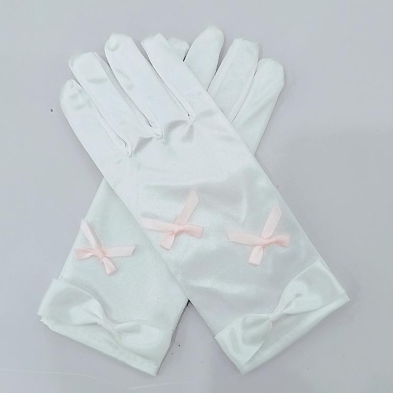 手袋 レディース グローブ 白 ホワイト サテン生地 リボン 上品 エレガント ショート ブライダル 結婚式 パーティー 小物 婦人 光沢 高級感 清楚 速乾 清潔 伸縮性 フィット 無地 シンプル 短め 艶やか
