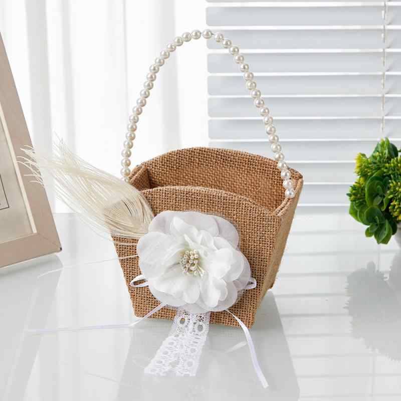 フラワーバスケット レディース 花嫁 花籠 カゴ かご 結婚式 ウェディング 挙式 パール 持ち手 手提げ 布製 麻風 上品 華やか かわいい おしゃれ 演出 道具 装飾 雑貨 小物 アイボリー オフホワイト 亜麻(3.0)