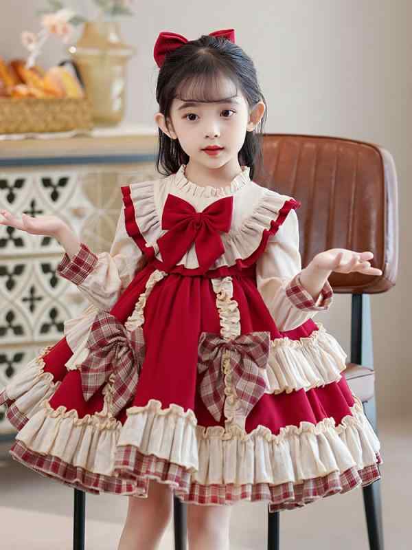 樂天商城 - ワンピース キッズ 女の子 ロリータ プリンセスドレス チェック柄 チュール 長袖 裏起毛 秋冬 誕生日 お祝い パーティー レッド ピンク ネイビー かわいい おしゃれ 高級感 フレア ポリエステル ガーリー フリル