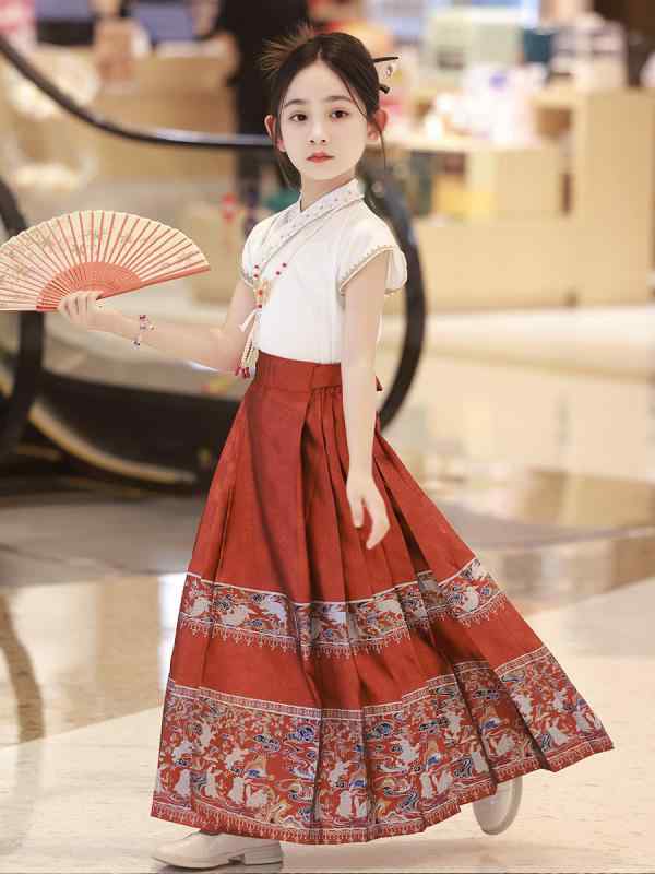 セットアップ 女の子 キッズ 漢服 中華服 中国風 唐装 明代スタイル ロングスカート 上下セット 春夏 トップス 半袖 ポリエステル 伝統的 かわいい 民族衣装 発表会 行事 お出かけ ボタン ネイビー レッド ブルー