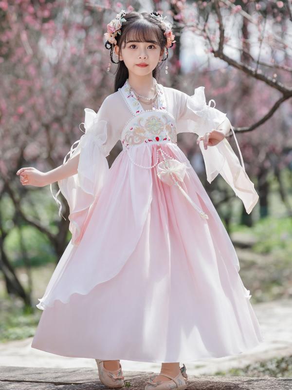 乐天商城 - 漢服 キッズ 女の子 春夏 ピンク ブルー チュール リボン 中国風 伝統的 唐装 かわいい お出かけ 発表会 七五三 パーティー ワンピース チャイナドレス 民族衣装 シースルー 透け素材 普段使い 高級感 ポリエステル