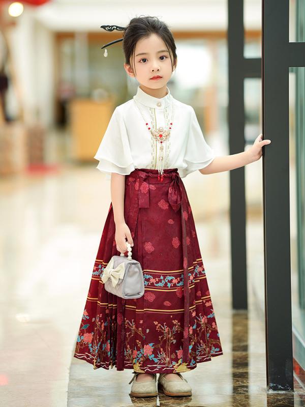 漢服 キッズ 女の子 セットアップ 上下セット 馬面裙 中国風 唐装 民族衣装 春夏 半袖 トップス スカート 高級感 レッド 柄 型 モダン かわいい ポリエステル ジュニア 伝統的 発表会 行事 お呼ばれ
