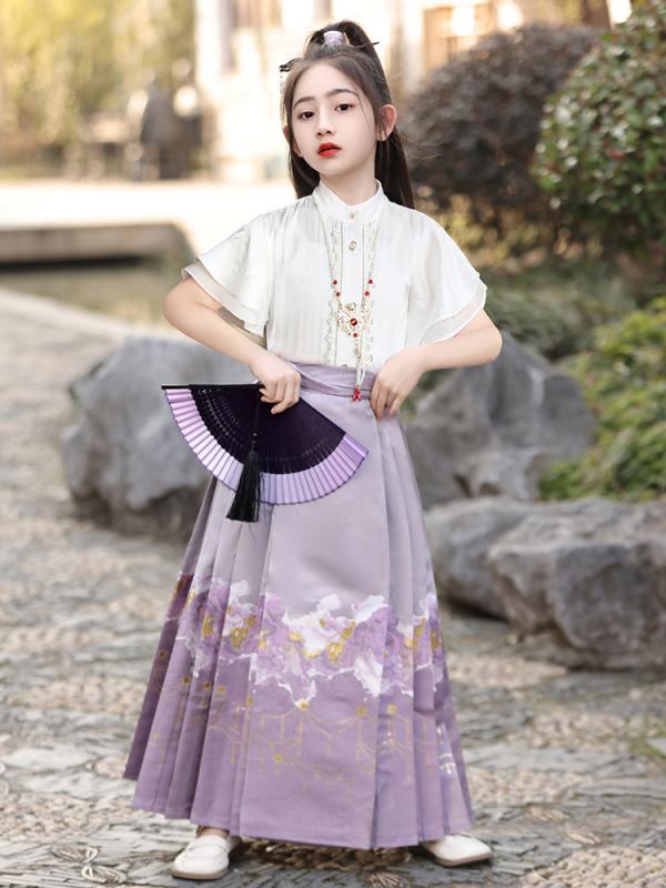 漢服 女の子 キッズ セットアップ 中国風 民族衣装 馬面裙 ロングスカート 春夏 レトロ プリンセス 発表会 舞台 ステージ ダンス かわいい 華やか ポリエステル 柔らかい ブルー パープル 110-160cm