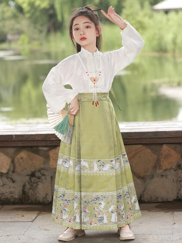 Other - セットアップ 女の子 キッズ 子供 漢服 唐装 中国風 民族衣装 馬面スカート ロングスカート プリーツスカート トップス 長袖 春秋 かわいい プリンセス 伝統的 柔らかい ポリエステル レッド ネイビー グリーン 七五三 発表会