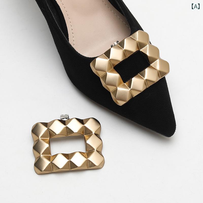 シューズアクセサリー レディース メンズ 靴飾り 着脱式 簡単取付 合金 スクエアバックル 四角形 デコレーション パーツ アレンジ パンプス ブーツ サンダル オールシーズン 高級感 ミストゴールド ティーカラー