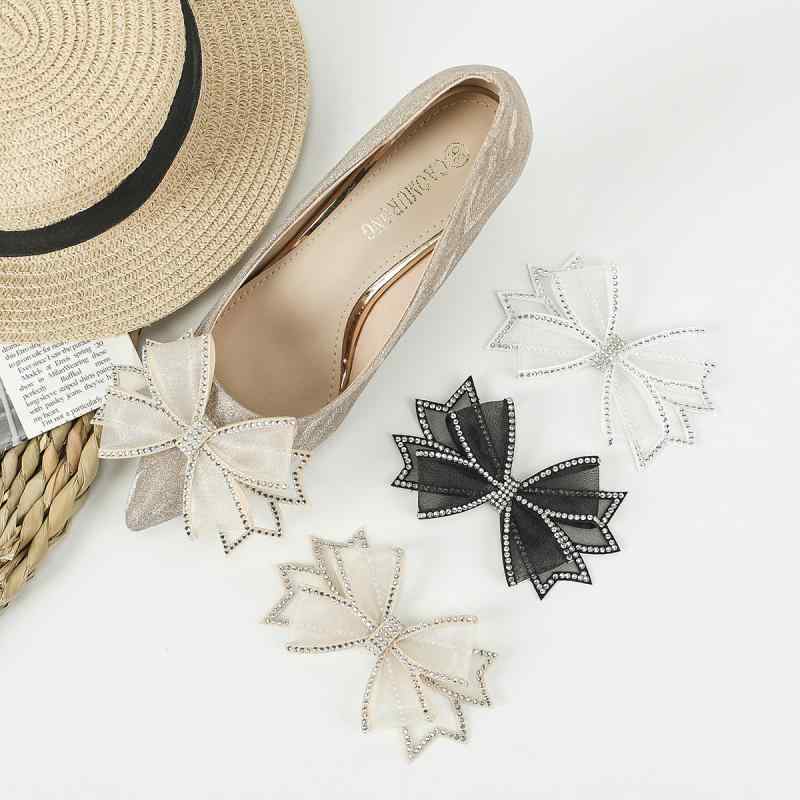 シューズアクセサリー レディース 靴用 リボン 蝶結び ラインストーン ビジュー ハンドメイド 取り外し ワンタッチ チュール かわいい ホワイト ブラック アプリコット 結婚式 パーティー 普段使い 髪飾り ヘア