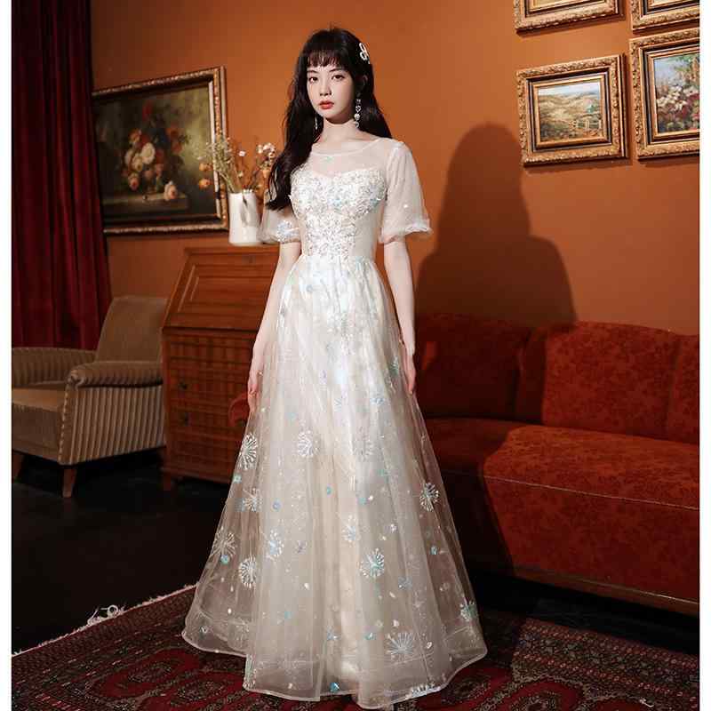 裙子 - ドレス レディース ワンピース 白 シャンパン ロング マキシ丈 Aライン ハイウエスト 三分袖 パーティー 結婚式 発表会 清楚 上品 高級感 ポリエステル 立体 フォーマル フェミニン エレガント 無地 春夏