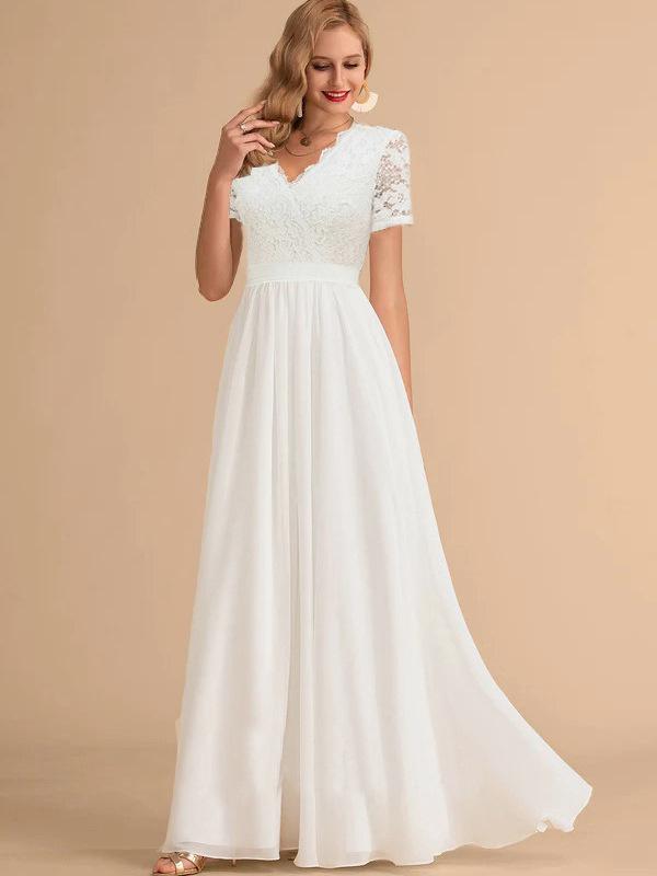 ワンピース レディース ロング丈 ウェディング パーティー イブニングドレス Vネック レース 切り替え シフォン ウエストマーク Aライン ホワイト 高級感 結婚式 披露宴 二次会 春夏 半袖 エレガント フォーマル