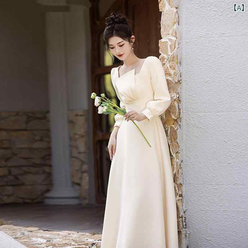 パーティードレス レディース 結婚式 謝恩会 お呼ばれ 春夏 シャンパン ブライズメイド フォーマル ワンピース ロング丈 長袖 プリンセススリーブ オフショルダー Aライン サテン 高級感 着痩せ 上品 清楚 お揃い frontop-13251791 フロントップ楽天市場店 サンプル画像2